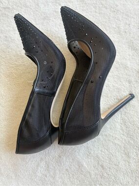 Jessica Simpson Black Mesh Pointed Stiletto Pumps with Crystal Studs